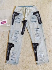 Trendige Patchwork Jeans Gr. XL  hellblau mitverschiedenen Details neu