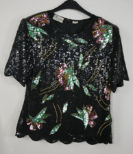 100% SEIDE Traumhaftes Pailletten Blusen Shirt Schwarz Blumen Edel Größe 40/42