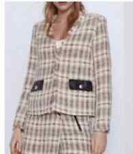 Zara Tweed Boucle Creme Beige Kariert Blazer Sakko M 12 14 Baumwolle Frühling Blogger