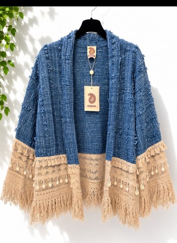 Boho cardigan jeansblau beige - cardigan,