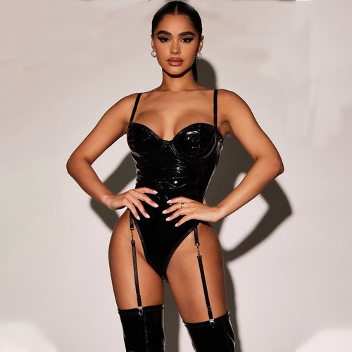 Leder bodysuit schwarz open - pu,
