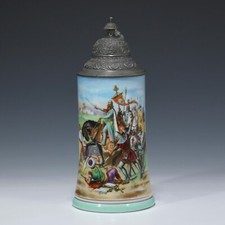 Porzellan Bierkrug MITTELALTERLICHER KREUZZUG + Lithophanie - um 1900
