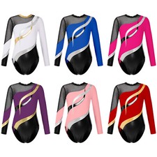 DE Turnanzug Mädchen Langarm Glitzernde Gymnastikanzug Kinder Training Dancewear