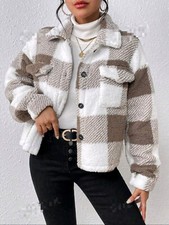 Teddy Jacke mit Buffalo Plaid Muster, Drop Shoulder Pattentaschen Plüsch Kariert