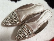 Damen Pantolette Schlappen Sandale Mit Strass Flach Catwalk Taupe 36