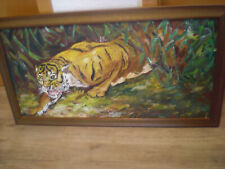 Öl Bild mit Rahmen Motiv Tiger mit rustikalen Holzrahmen 48 x 88 cm