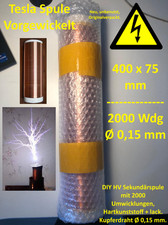 Tesla Spule 400×75 mm 2000 Wdg Kupfer 0,15 mm Sekundärspule Hochspannung DIY Neu