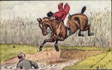 Künstler Ak Springreiten, Hindernis, Mann im Wasser - 4173141