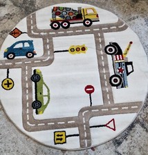 Webteppich bunt Rund 120 cm Kinderteppich Auto Straße gemustert mehrfarbig