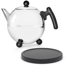 Edelstahl Kugelkanne 1.5 Liter Teekanne doppelwandig & Holzuntersetzer schwarz