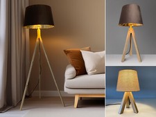 Nachttischlampen skandinavisch & Stehlampen Wohnzimmer Ecke mit Dreibein Holzfuß