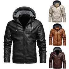Mens Winter Leather Jackets Coat Biker Fleece Hooded Jacket Outerwear