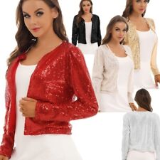 Damen Pailletten Cardigan Jacke Langarmjacke Glitzer Bolero Abend Bluse Blazer