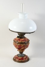 C26E10- Antike Majolika Petroleumlampe mit Glas Lampenschirm