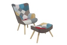  Relaxsessel Patchwork Stoff Skandinavisch Polsterstuhl Mehrfarbig mit Hocker