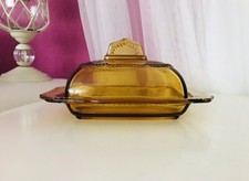 Antik Art Déco Glas Pressglas Butterglocke Butterdose Bernstein Gelb Tauperle