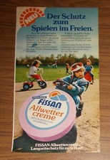 Seltene Werbung vintage FISSAN ALLWETTER CREME Junge auf Kettcar Tretauto 1979