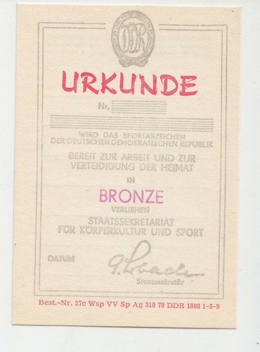 Ddr urkunde sportabzeichen - ddr:,