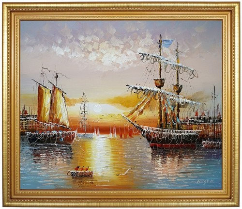 ölbild segelschiffe hafen - segelschiffe, im