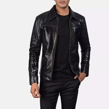 Schwarze Herren Lederjacke - Premium Glänzendes Leder Klassisch Stylisch...