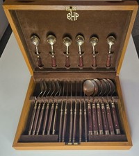 Vintage BHP Besteckset, Rosenholz / Bronze, 6 Personen mit Holzkassette 24 Teile