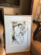 Modernes Gemälde Kreide gerahmt Gitarre Banjo Balalaika Spieler Original Sign