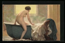 Künstler-AK Rene Prinet Das Bad Einstieg einer Frau in die blaue Badewanne Akt 