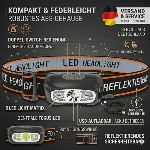 Led stirnlampe 400lm akku usb - led,