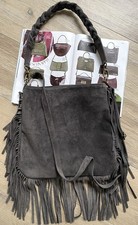 Tasche Fransen Ledertasche Veloursleder Schultertasche Grau Crossbody