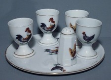 Eierbecher Set 6tlg Porzellan 4 Becher Streuer Tablett Hühner Thüringen? 1900 ?