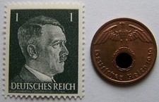 REICHSPFENNIG MÜNZE + BRIEFMARKE ADOLF HITLER - DEUTSCHES REICH - WK II.