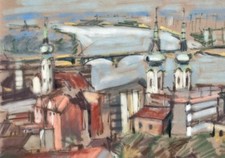 Sonja Wüsten Stadtansicht Brücke Kirche Fluss Pastell Unikat 20. 21. Jahrhundert