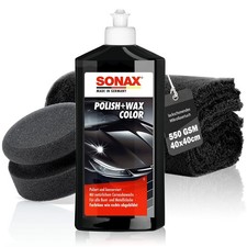 Auto Hand Politur Set SONAX Polish&Wax Schwarz 500ml + Polierschwamm + Tuch