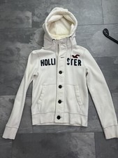 HOLLISTER Kapuzen-Sweatjacke Knopf Hoodie in Creme Weiß Blau Gr. S Selten