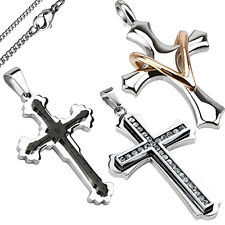Edelstahl Kreuz Anhänger Halskette Cross silber schwarz Zirkonia Gothic Kette