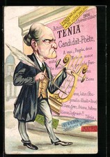 Mann mit Harfe und Federkiel vor einem Plakat, Karikatur, Ansichtskarte 1910 