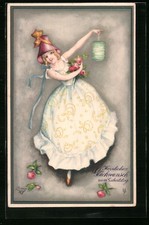 Künstler-AK Hannes Petersen: Junge Frau mit Hut und Laterne 1928 