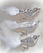 ❀ 3 x Glasvogel Lauscha Silber Glitzer Glas Vogel Christbaumschmuck Feder #114