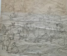 Friedrich Voltz , Bleistiftzeichnung , Almhütte mit Kühen und Ziegen
