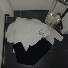 Neu Set M 40 42 Kangaroos dunkelblau Piquee Hose Chiffonbluse Cremeweiß Top