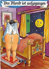 Scherz AK Dicke Frau geht schlafen "Der Mond ist aufgegangen" Ansichtskarte