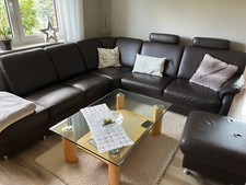 Sitzgarnitur mit Rundecke mit Kopfstützen und Hocker (Leder) dunkelbraun