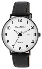Alain Miller Quarzuhr Herren Armbanduhr Männer Uhr Schwarz Weiß Datum Kunstleder