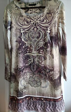 Damen T-shirt Kleid Beige Braun mit Spitzen-Borte und Strass-Deko; Gr. M