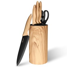 Hecef® Küchenmesser Block Set 6tlg Scharf Edelstahl Olivenholzoptik Kochmesser