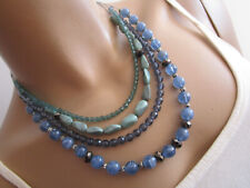 Collier Damen Hals Kette kurz Perlen Silber Blau Türkis Mehrreihig Modekette