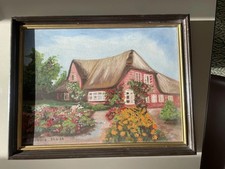 Gemälde Öl Leinwand: Nordsee-Strand, Dünen und Meer Landschaft 38,5 X 28,5