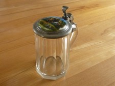 Alter Glas Bierkrug um 1850 geschliffen Zinndeckel Porzellaneinlage Jagd-Motiv