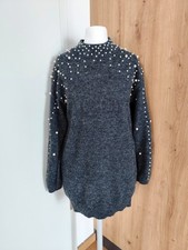 Damen Langarm Strickpullover Mit Perlen S 36 Grau Neu