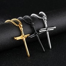 Halskette mit Kreuz Anhänger Gothic Punk Nagel Jesus Christus Glaube Religion